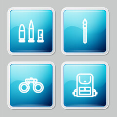 Set line Bullet and cartridge, Medieval spear, Binoculars and Hiking backpack icon. Vector