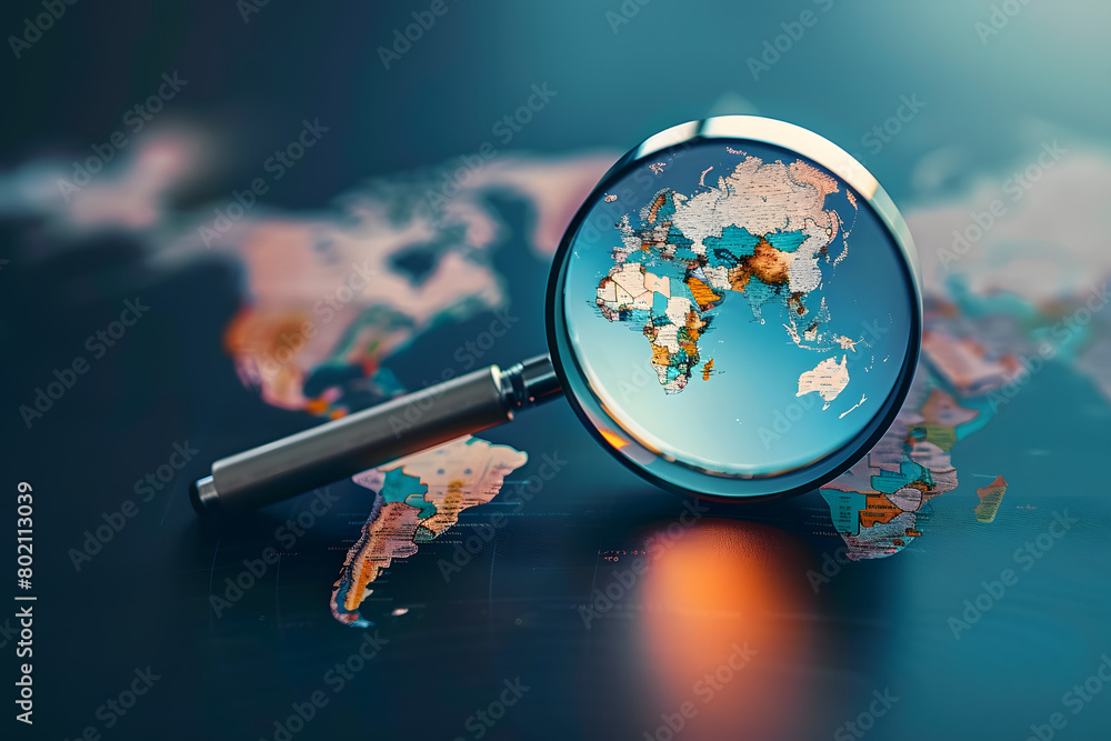 Poster magnifier with world map element. global search concept. ai generated, human enhanced