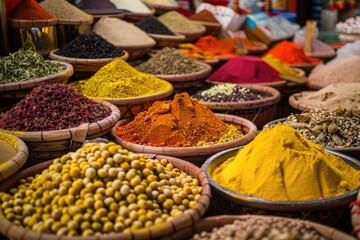 A vibrant market of spices and herbs