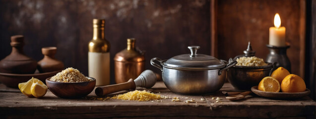 Old-world Cooking Atmosphere, Ingredients and Utensils Laid Out on Vintage Background, Top View with Free Space.