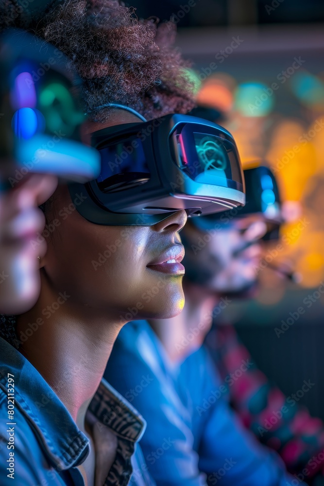 Poster engineers using augmented reality glasses to collaborate on a design project in a close up view