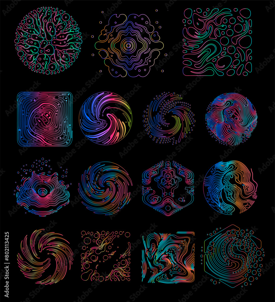 Poster Big set of linear retrofuturistic geometric shapes and forms with psychedelic pattern in neon holographic vibrant colors. 