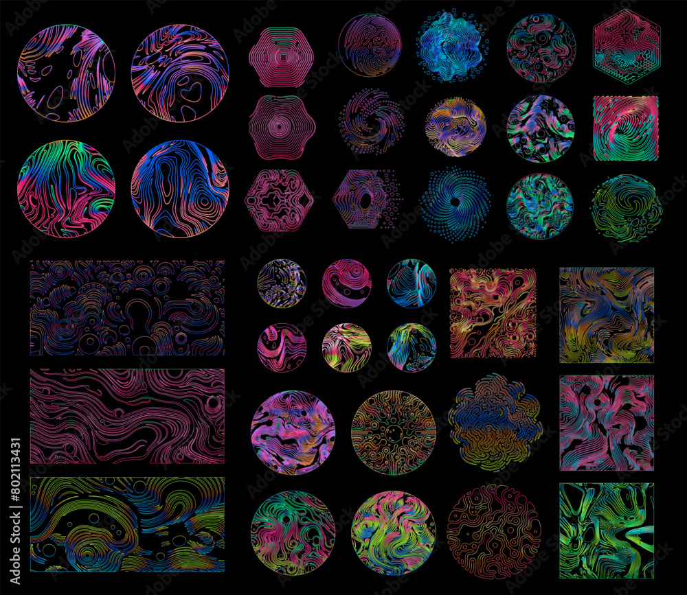 Poster Big set of linear retrofuturistic geometric shapes and forms with psychedelic pattern in neon holographic vibrant colors. 