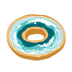 Cute Donut painted with ocean waves. Baked donut decorated with sea beach clip art. Summer mood bakery. Vector isolated illustration.