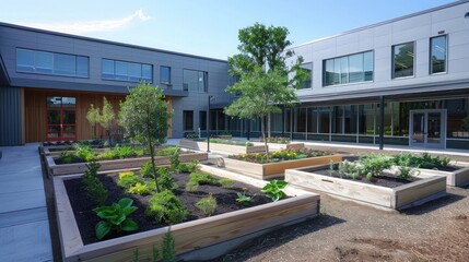 School courtyard featuring raised planters and educational gardens, promoting environmental...