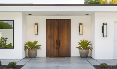 Fototapeta premium A modern front door with wall sconces and potted plants on the side, set against a white background. The entrance is framed by two square planters that add to its minimalist design
