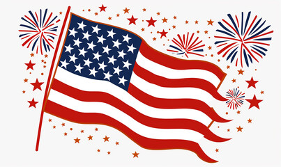 A waving American flag on a white background with stars and copy space for text area.