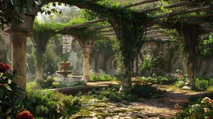Secret garden hidden behind a vine-covered trellis, offering a secluded retreat for quiet contemplation.