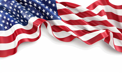 A waving American flag on a white background with stars and copy space for text area.