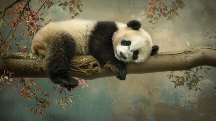 A cute panda cub sleeping on a tree