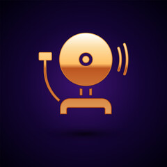 Gold Ringing alarm bell icon isolated on black background. Fire alarm system. Service bell, handbell sign, notification symbol. Vector