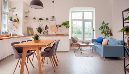 Modern Nordic Scandinavian home interior design. Bright open space living room with dinner table, kitchen furniture, chairs, decorations. Elegant apartment for rent concept