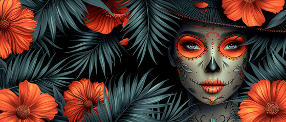 A woman with a skull on her face is surrounded by orange flowers