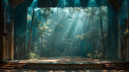 Enchanted Forest Theater Stage with Towering Trees and Mystical Creatures in Dramatic Serene Lighting