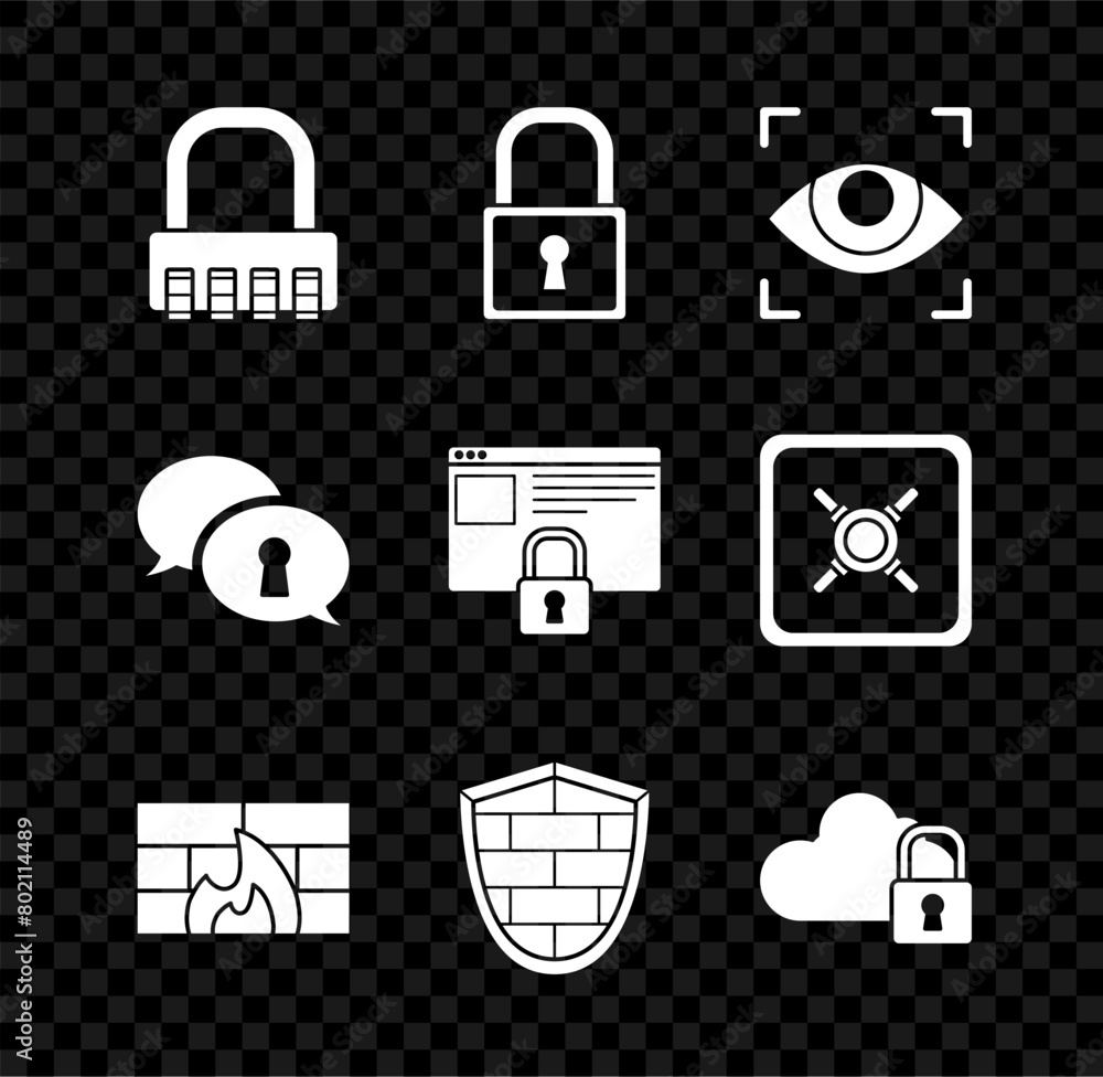 Aufkleber set safe combination lock, lock, eye scan, firewall, security wall, shield with cyber brick, cloud c