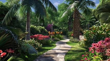 Fototapeta premium Tropical garden with palm trees and exotic blooms, transforming the backyard into a tropical paradise.