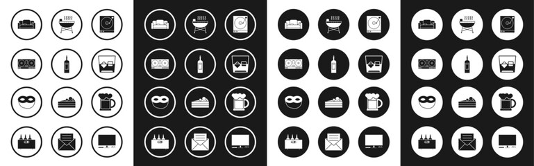 Set Vinyl player with a vinyl disk, Bottle of wine, DJ remote for playing and mixing music, Sofa, Glass whiskey ice cubes, Barbecue grill, Wooden beer mug and Festive mask icon. Vector