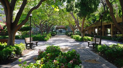 University campus courtyard with shaded walkways and benches surrounded by mature trees and flowering plants.