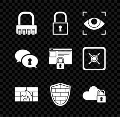 Set Safe combination lock, Lock, Eye scan, Firewall, security wall, Shield with cyber brick, Cloud computing, Protection of personal data and Secure your site HTTPS, SSL icon. Vector