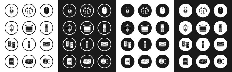 Set Computer mouse, Laptop, Processor, Lock on digital circuit board, Music player, and Gamepad icon. Vector
