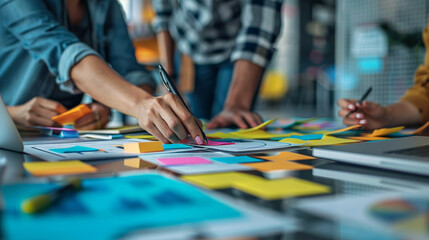 Hands gesture decisively over a vibrant mosaic of post-its and strategy charts.