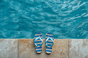 Naklejka premium Striped flipflops on the edge of an outdoor swimming pool, with blue water and beige wall in the background