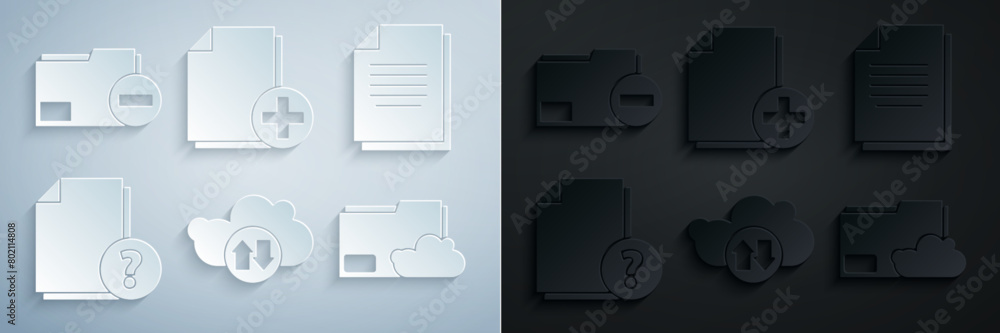 Poster set cloud download and upload, document, unknown document, storage text folder, add new file and wit