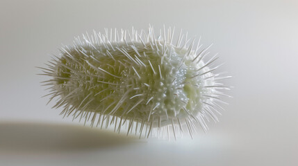 A close-up image of a single microbe isolated on a white background, with a shallow depth of field highlighting its intricate details. The blurred background enhances the focus on the microbe