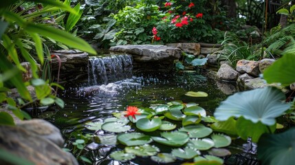 Water garden with a pond, fountain, and aquatic plants, creating a soothing atmosphere and attracting wildlife.