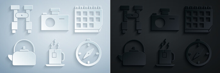 Set Cup of tea with tea bag, Calendar, Kettle handle, Compass, Photo camera and Binoculars icon. Vector