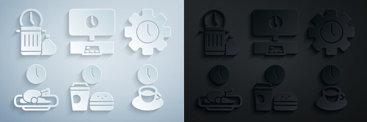 Set Fast food time, Time Management, Food, Coffee, Smart Tv and Waste icon. Vector