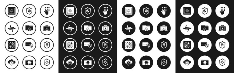 Set Password protection, Folder and lock, Barbed wire, Safe, Laptop, Shield with check mark, Incognito mode and Graphic password icon. Vector