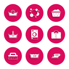 Set Washer, Temperature wash, Electric iron, T-shirt, Brush for cleaning, Basin with soap suds and Time icon. Vector