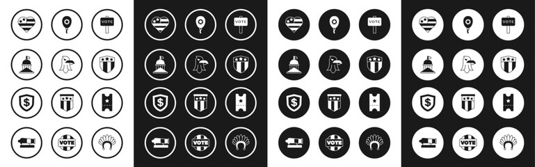 Set Vote, Eagle, White House, USA Independence day, Shield with stars, Balloons, Baseball ticket and dollar icon. Vector