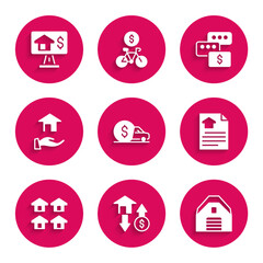 Set Car rental, House with dollar, Garage, contract, Real estate, Realtor, Price negotiation and Online real icon. Vector