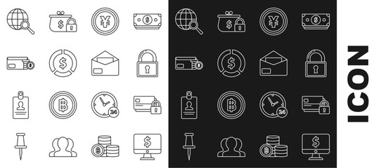Set line Computer monitor with dollar symbol, Credit card lock, Lock, Coin money Yen, Envelope coin, Magnifying glass globe and icon. Vector