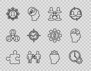 Set line Piece of puzzle, Time Management, Project team base, Target and check mark, Human with gear inside and head puzzles strategy icon. Vector