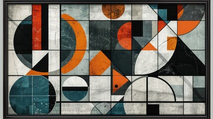 Fototapeta premium A vibrant grid of colorful geometric segments framed in black creates an engaging artistic backdrop for commercial marketing materials and digital presentations.