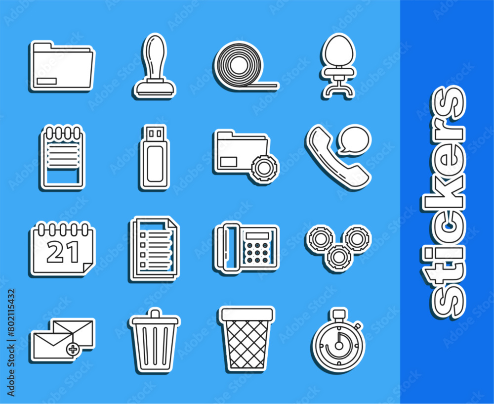Poster set line briefcase, gear, telephone handset and speech bubble chat, scotch, usb flash drive, noteboo