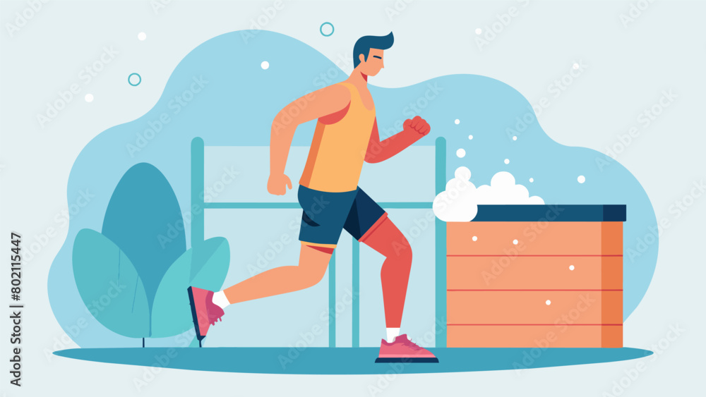 Poster a jogger stepping into a sauna after a morning run using the steam to loosen up their stiff joints a