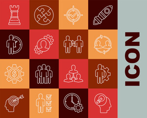 Set line Human head with lamp bulb, gear inside, resources, Target and check mark, Time Management, Business strategy and Project team base icon. Vector