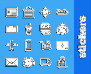 Set line Scale with cardboard box, Cardboard traffic symbol, Support operator in touch, Coffee cup, Envelope, Laptop app delivery tracking and Pizza icon. Vector