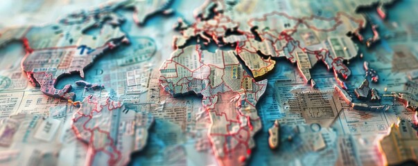 Intricate 3D rendering of a world map made from passport stamps, showcasing travel routes and destinations