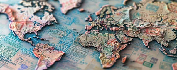 Intricate 3D rendering of a world map made from passport stamps, showcasing travel routes and destinations