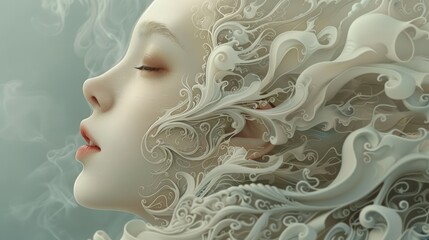 Ethereal Woman with Swirling Hair Illustration. Digital artwork of a woman s profile with intricate, swirling hair patterns evoking a sense of calm and serenity 
