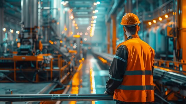 Factory chief in a high-visibility vest performing a safety check on equipment with a blurred