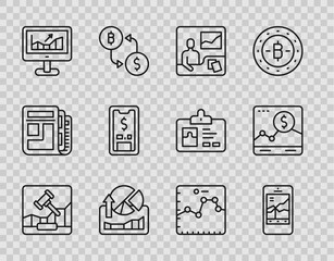 Set line Online internet auction, Mobile stock trading, Trading courses, Stocks market growth graphs, Computer with, dollar, Browser and Website icon. Vector