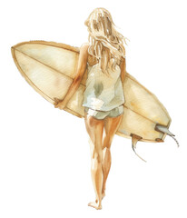 Watercolor illustration of a surfer girl with a board
