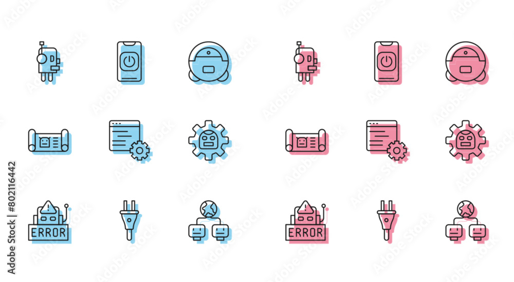 Poster set line error in robot, electric plug, robot, artificial intelligence, computer api interface, blue