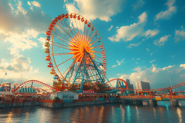 Ferris Wheel at Amusement Park or Beach at Different Times of the Day, To convey the joy and excitement of riding a ferris wheel at an amusement park